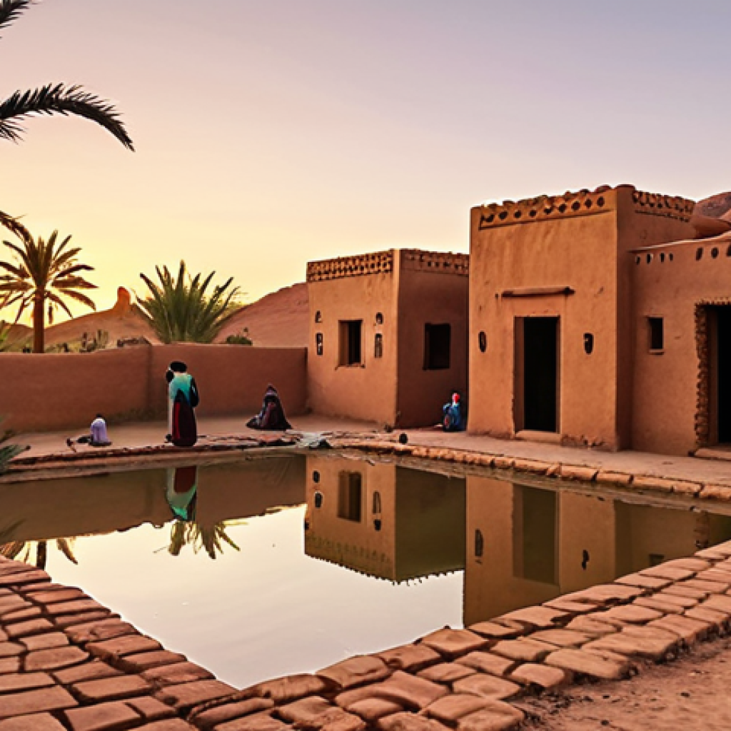 Lush Oasis Scene**

"A vibrant desert oasis scene at sunset. Date palms laden with fruit surround a clear, spring-fed pool. Women are washing clothes at the water's edge, and children are playing nearby. Mud-brick houses with flat roofs stand in the background, reflecting the warm light. The overall feel is one of abundance and life flourishing amidst the desert."

**