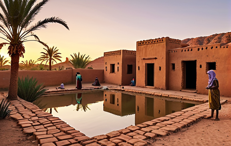 Lush Oasis Scene**
"A vibrant desert oasis scene at sunset. Date palms laden with fruit surround a clear, spring-fed pool. Women are washing clothes at the water's edge, and children are playing nearby. Mud-brick houses with flat roofs stand in the background, reflecting the warm light. The overall feel is one of abundance and life flourishing amidst the desert."
**