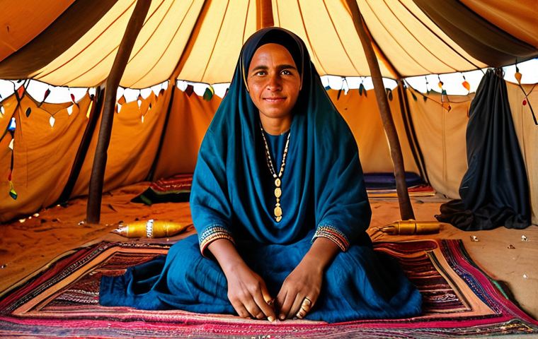 Saharawi Woman in Traditional Setting**
"A Saharawi woman, fully clothed in modest traditional attire, sitting inside a decorated tent, safe for work, appropriate content, professional portrait, perfect anatomy, natural pose, well-formed hands, proper finger count, natural body proportions, modest jewelry, warm lighting, family-friendly, detailed background, Saharan aesthetic."
**