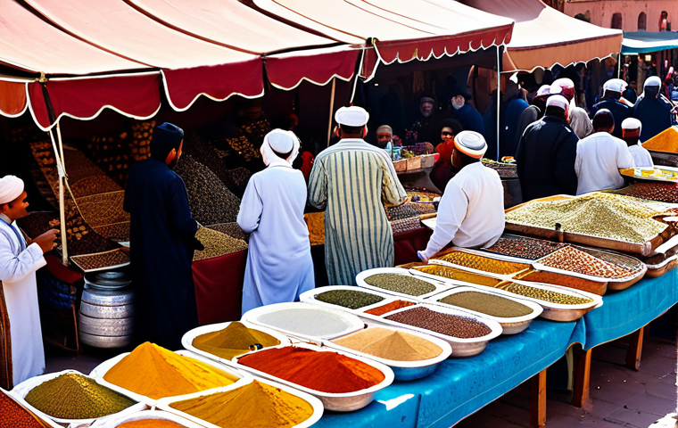 A bustling marketplace in Marrakech**
"A vibrant scene of Djemaa el-Fna in Marrakech, Morocco, daytime. Storytellers are captivating an audience, vendors are selling spices and traditional crafts, snake charmers are playing their flutes. People are dressed in colorful, modest Moroccan clothing. Fully clothed, appropriate attire, safe for work, perfect anatomy, natural proportions, professional photography, high quality, family-friendly."
**