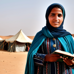 Home 6 **
"A fully clothed Saharawi woman in modest traditional dress, standing proudly in front of a refugee camp tent, holding a book. Background: a dusty landscape with other tents and children playing. Safe for work, appropriate content, perfect anatomy, natural pose, professional photography, high quality, family-friendly."
**