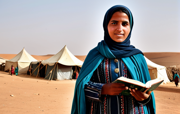 **

"A fully clothed Saharawi woman in modest traditional dress, standing proudly in front of a refugee camp tent, holding a book. Background: a dusty landscape with other tents and children playing. Safe for work, appropriate content, perfect anatomy, natural pose, professional photography, high quality, family-friendly."

**