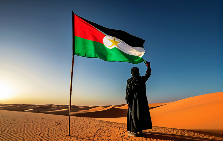 사하라 아랍 민주 공화국의 국기 의미 - **Image:** A vibrant flag of the Sahrawi Arab Democratic Republic (RASD) waving proudly against a ba...