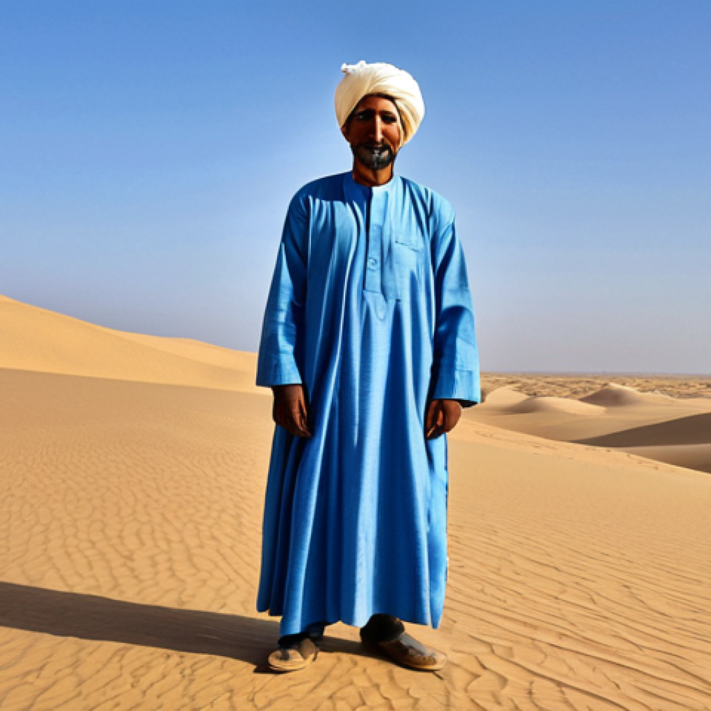 사하라 아랍 민주 공화국 전통 복식 - Sahrawi Man in Traditional Attire**

"A Sahrawi man in the desert, fully clothed in a blue drah, wea...