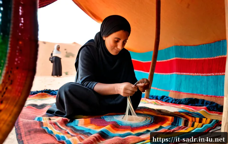 사하라 아랍 민주 공화국 내 전통 직물 산업 - Photorealistic documentary-style scene inside a Sahrawi artisan tent in the Western Sahara, an adult...